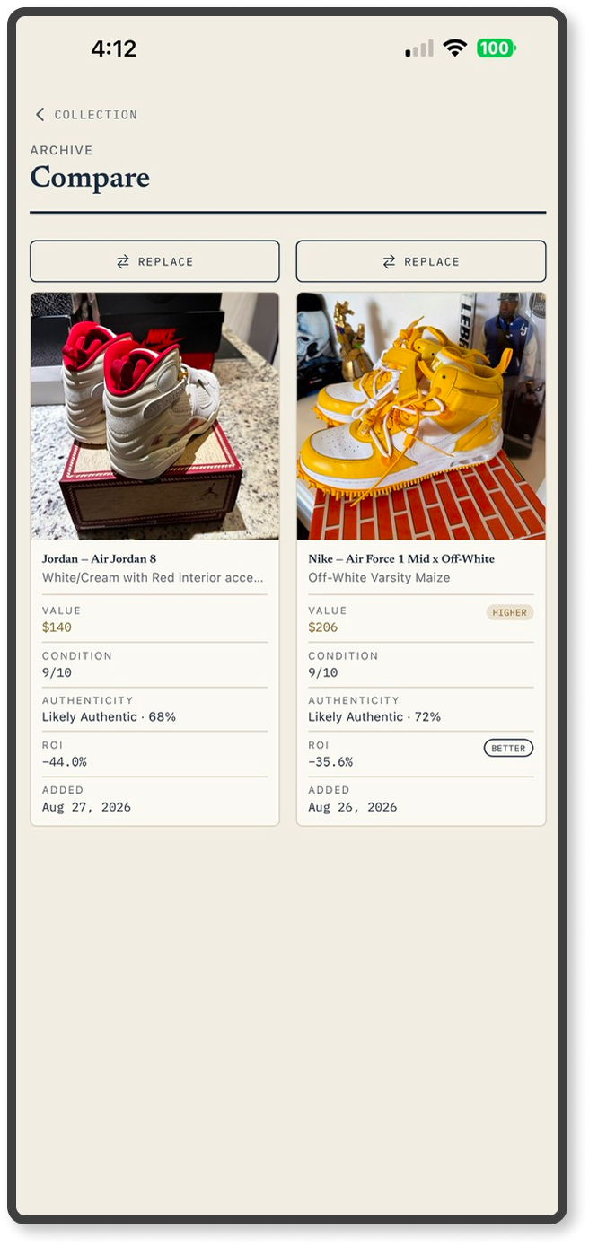 Compare screen reviewing two saved pairs side by side across value, condition, authenticity guidance, return, and date added.