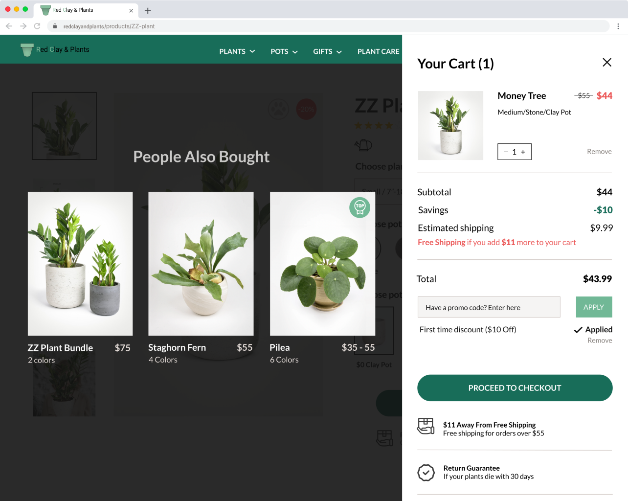 Shopping-cart drawer showing the selected plant, quantity, pricing, savings, shipping, recommendations, discount entry, and checkout action.