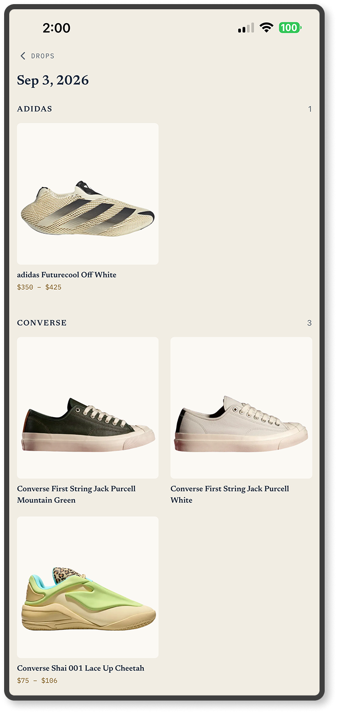 Release discovery list view of upcoming sneaker launches.