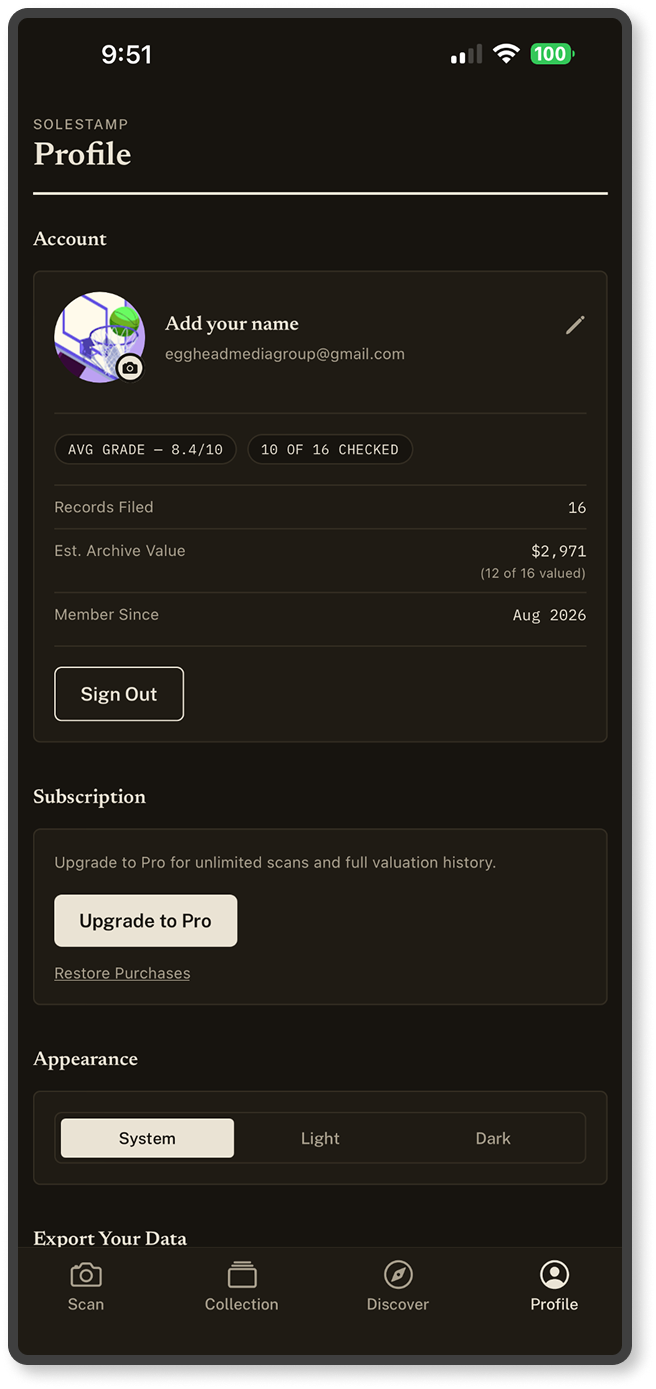 Profile screen in dark theme preserving content hierarchy and action placement.