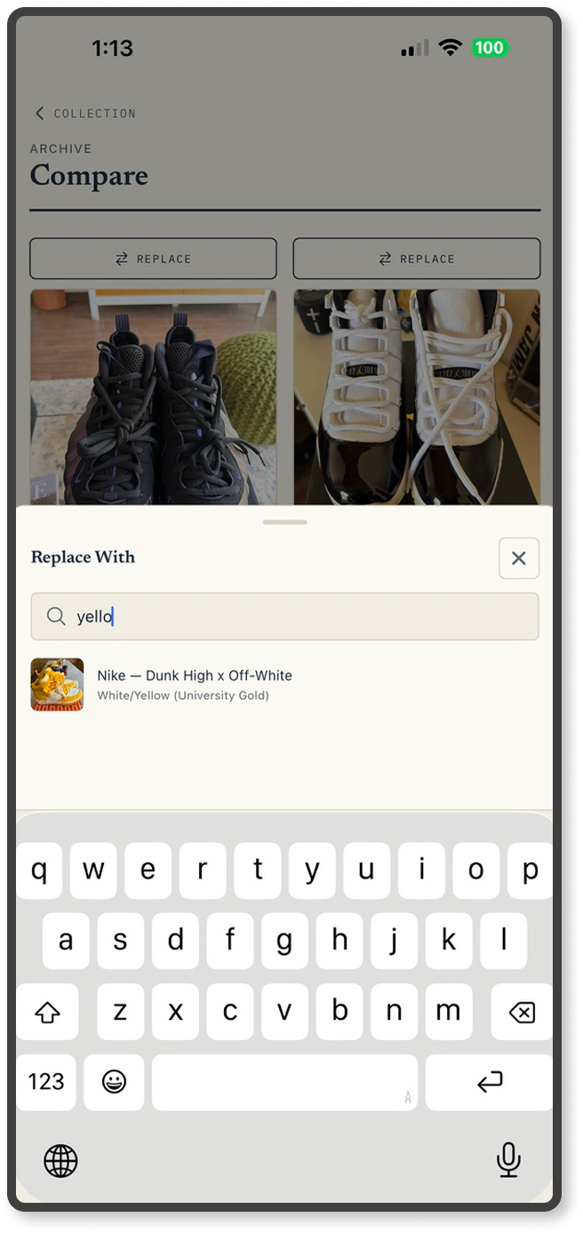 Compare replacement search opening in a focused bottom sheet with typeahead results.