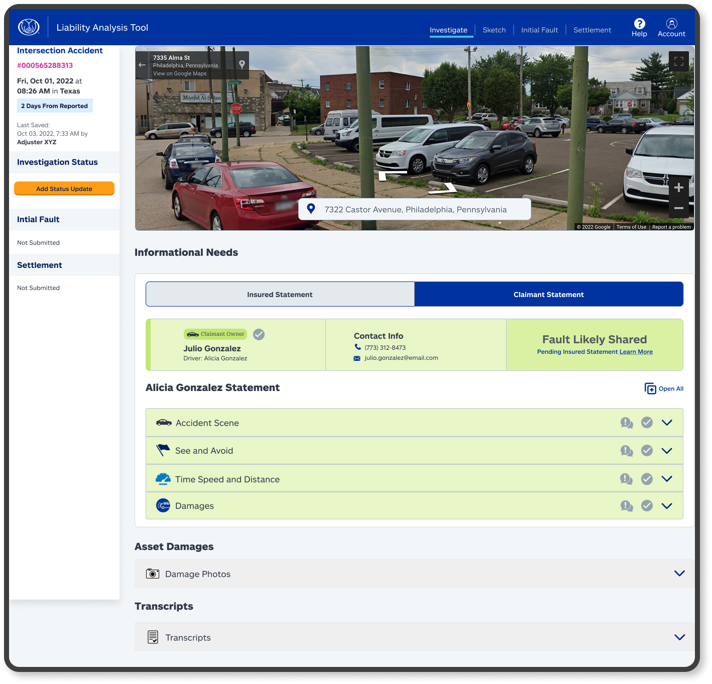Claim page showing the claimant party's sample claim information.