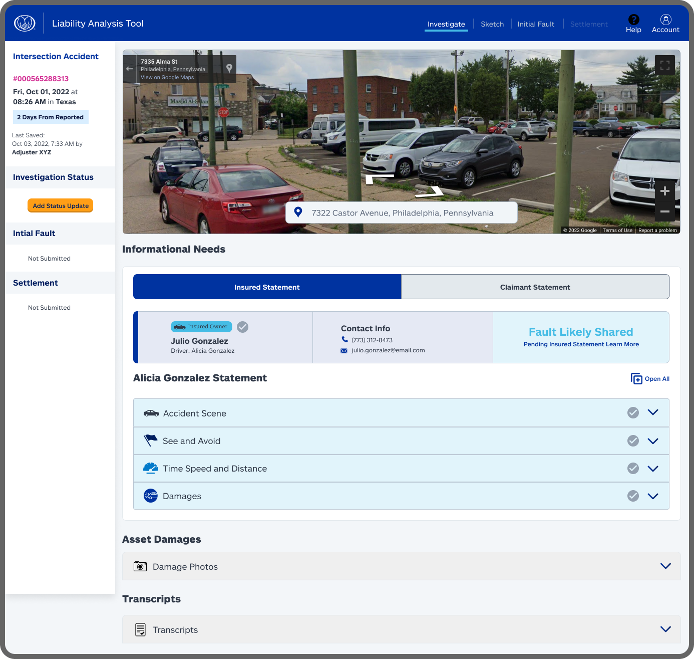 Liability Analysis Tool decision 1 screenshot — scene overview with informational needs