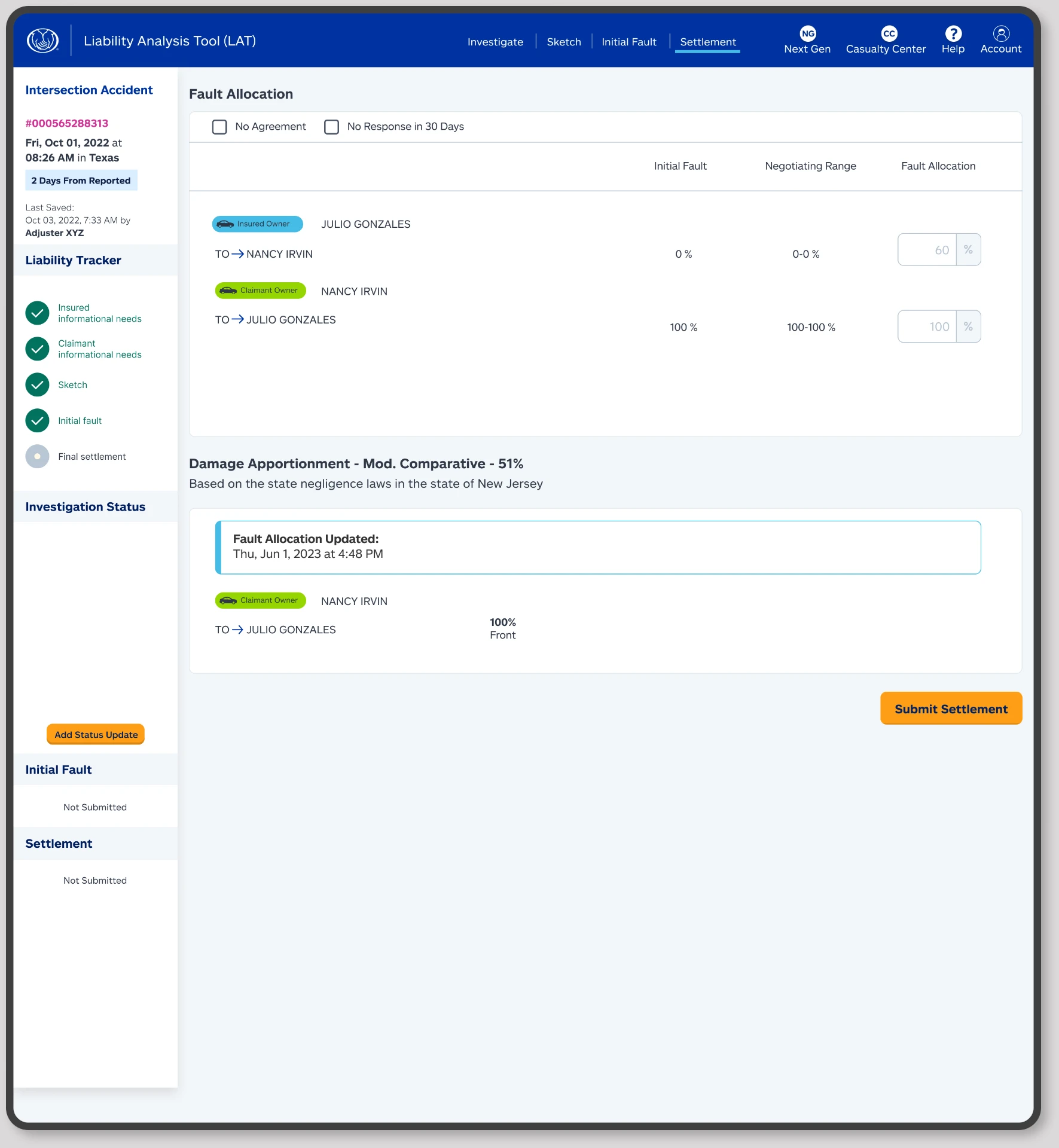 Final settlement screen with initial fault, negotiating range, final fault allocation and submitted settlement, all earlier stages complete.