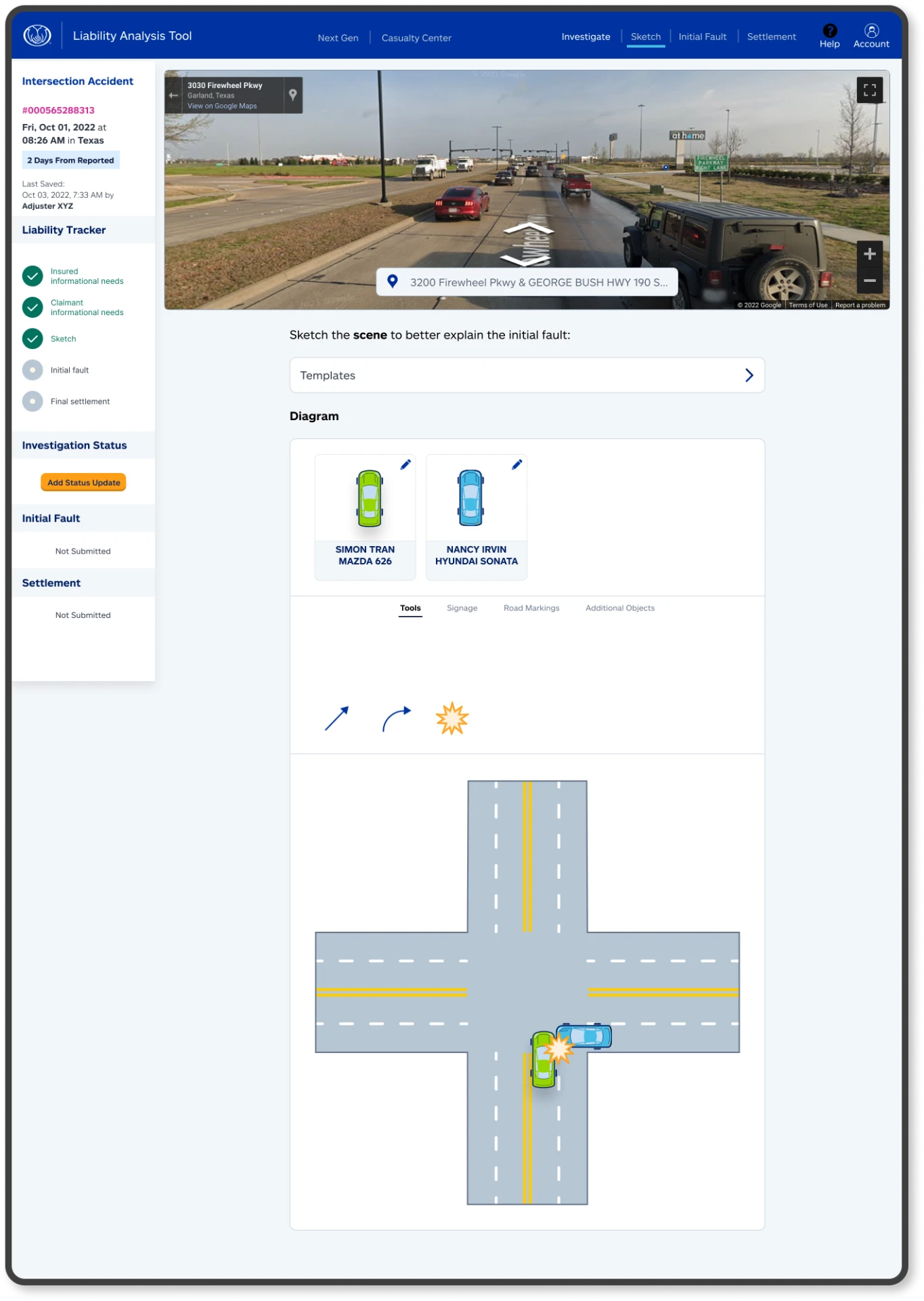 Accident sketch screen with vehicles, road layout and impact markers, with both party-information stages checked as complete.