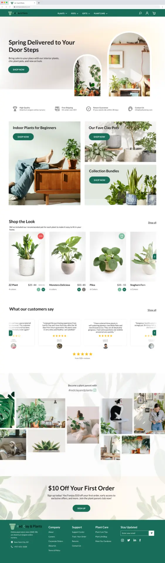 Red Clay & Plants homepage with seasonal content, plant categories, featured products, care guidance, ratings, service information, and promotional content.