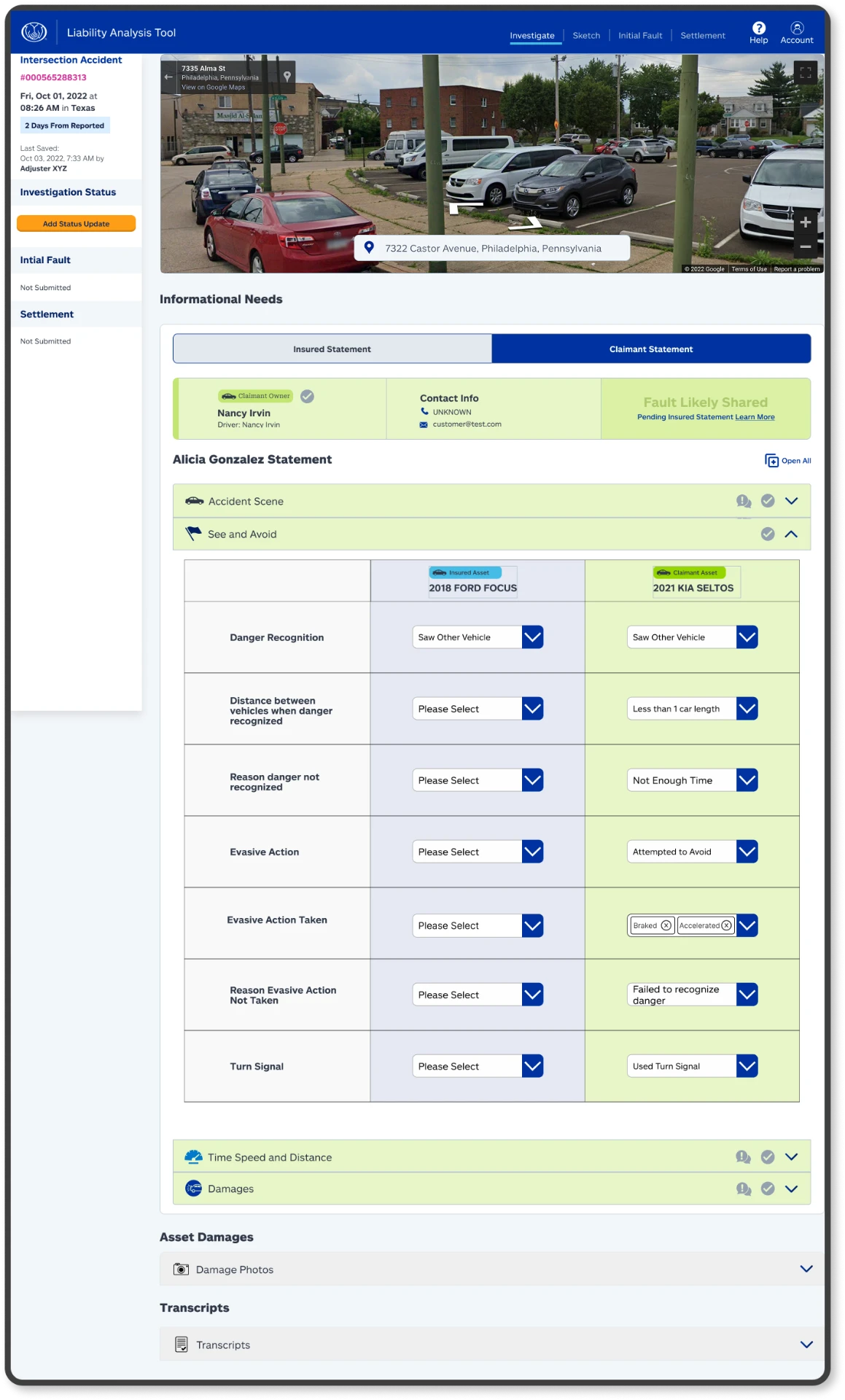 Accident detail screen capturing the claimant party's account, shown with sample information.