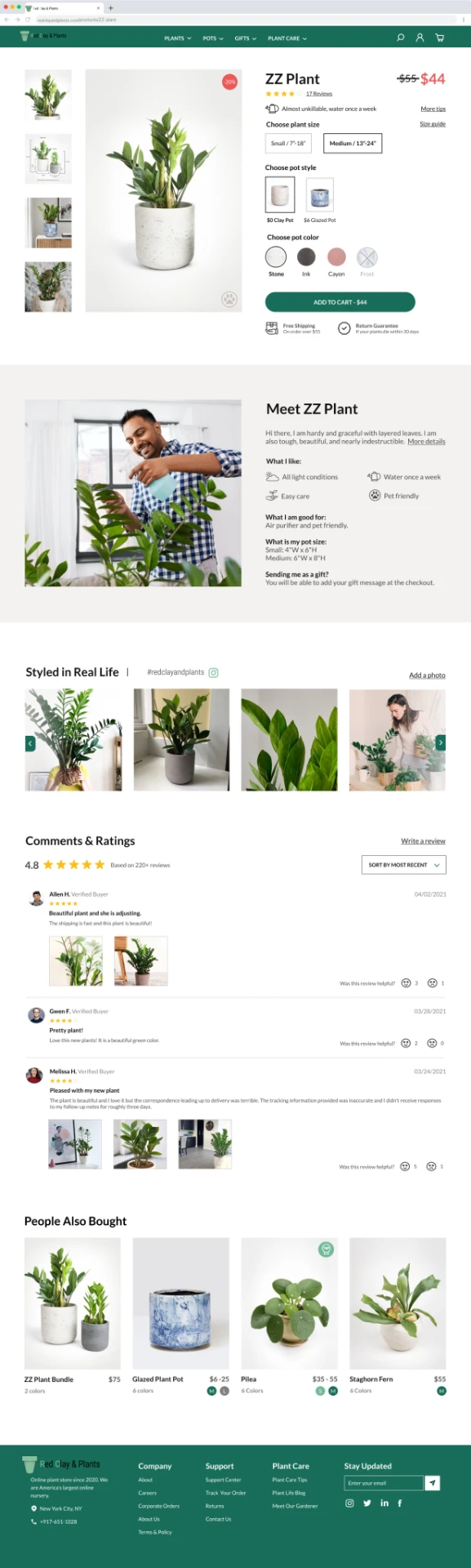 Plant product page with image gallery, plant and pot options, product details, care information, reviews, recommendations, and related products.