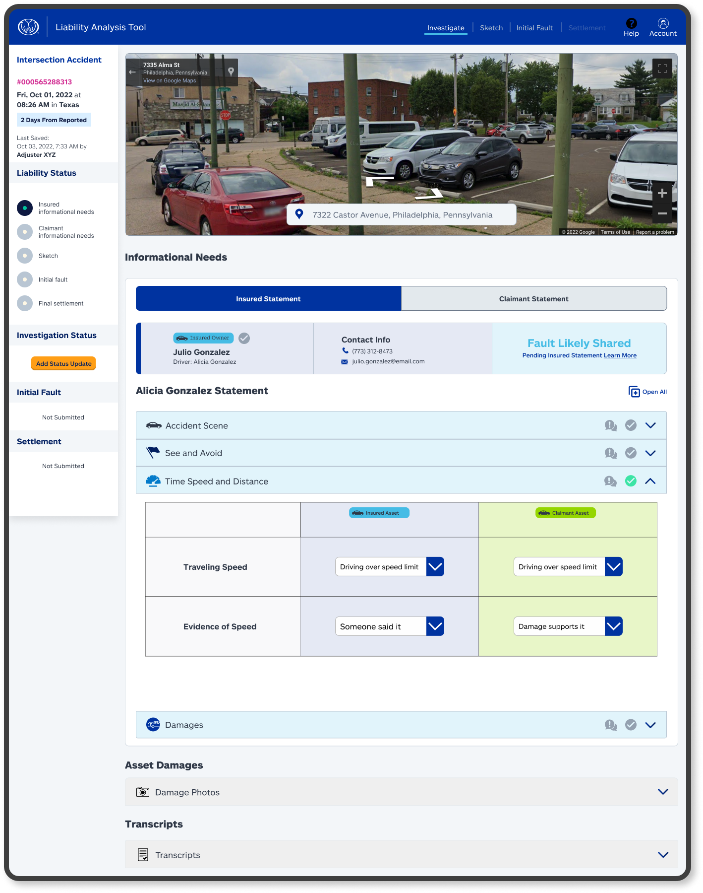 Insured information detail screen with statement, contact, accident, damage and transcript information beside the progress rail.