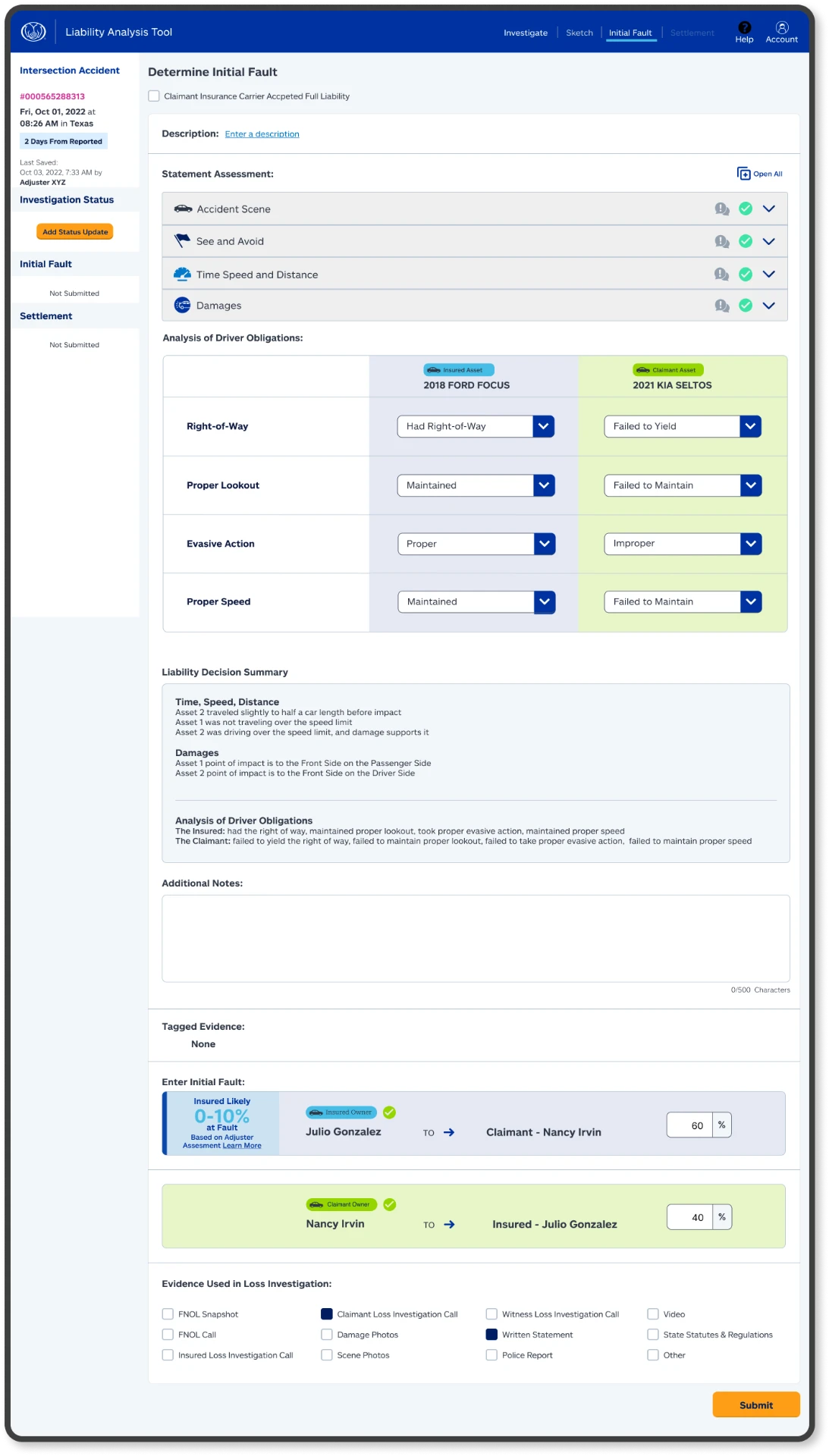 Evidence processing screen showing a predetermined sample initial fault result from the prototype with supporting reasoning and conflicting-information flags.