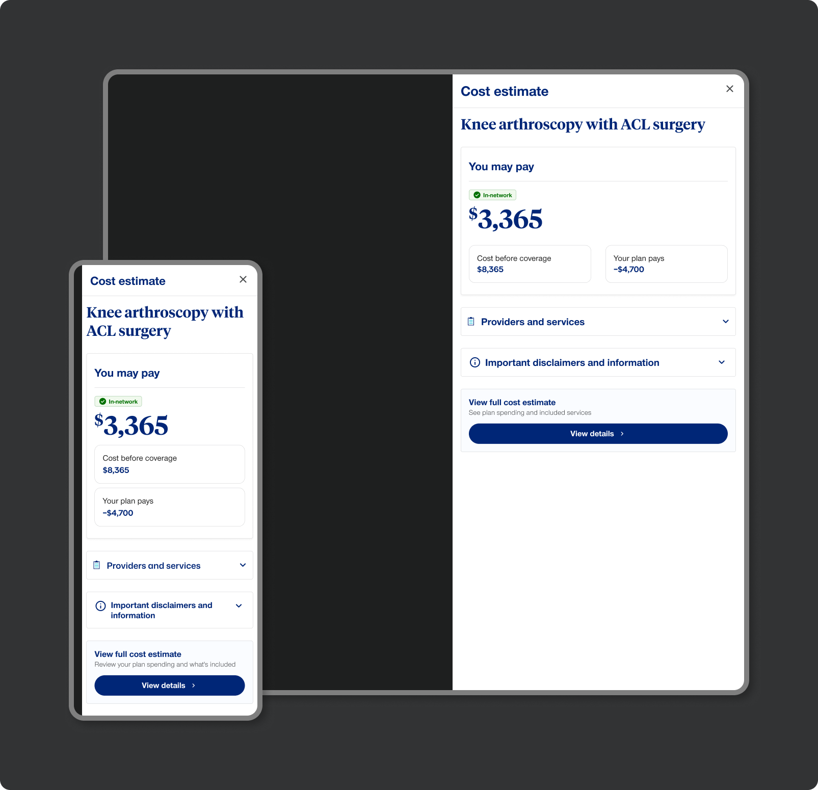 Cost estimate widget preference popover