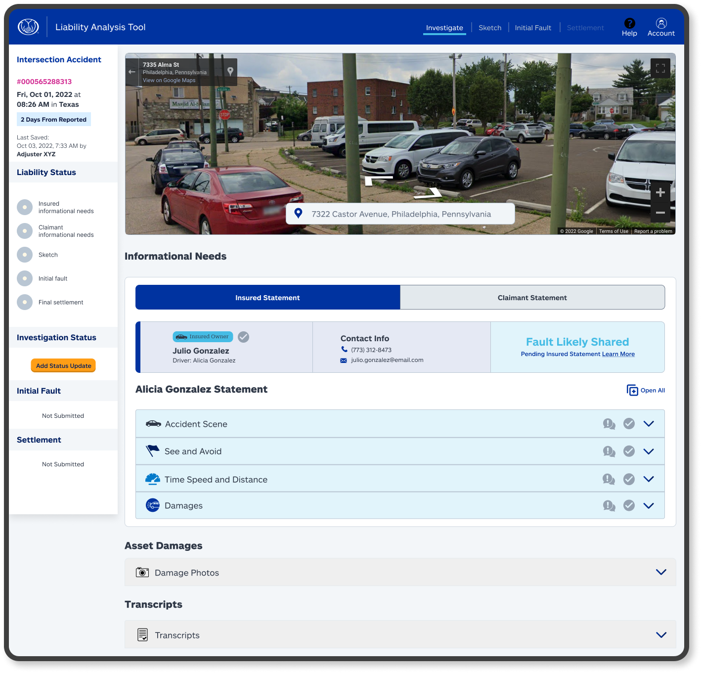 Liability Tracker insured overview screen with the persistent progress rail on the left showing the insured stage as active.