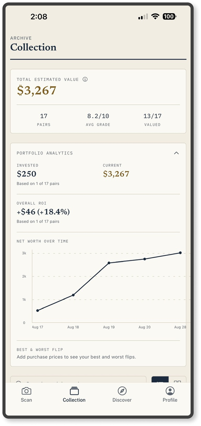 Pro portfolio dashboard bringing together invested value, current estimated value, return calculations, and value history.