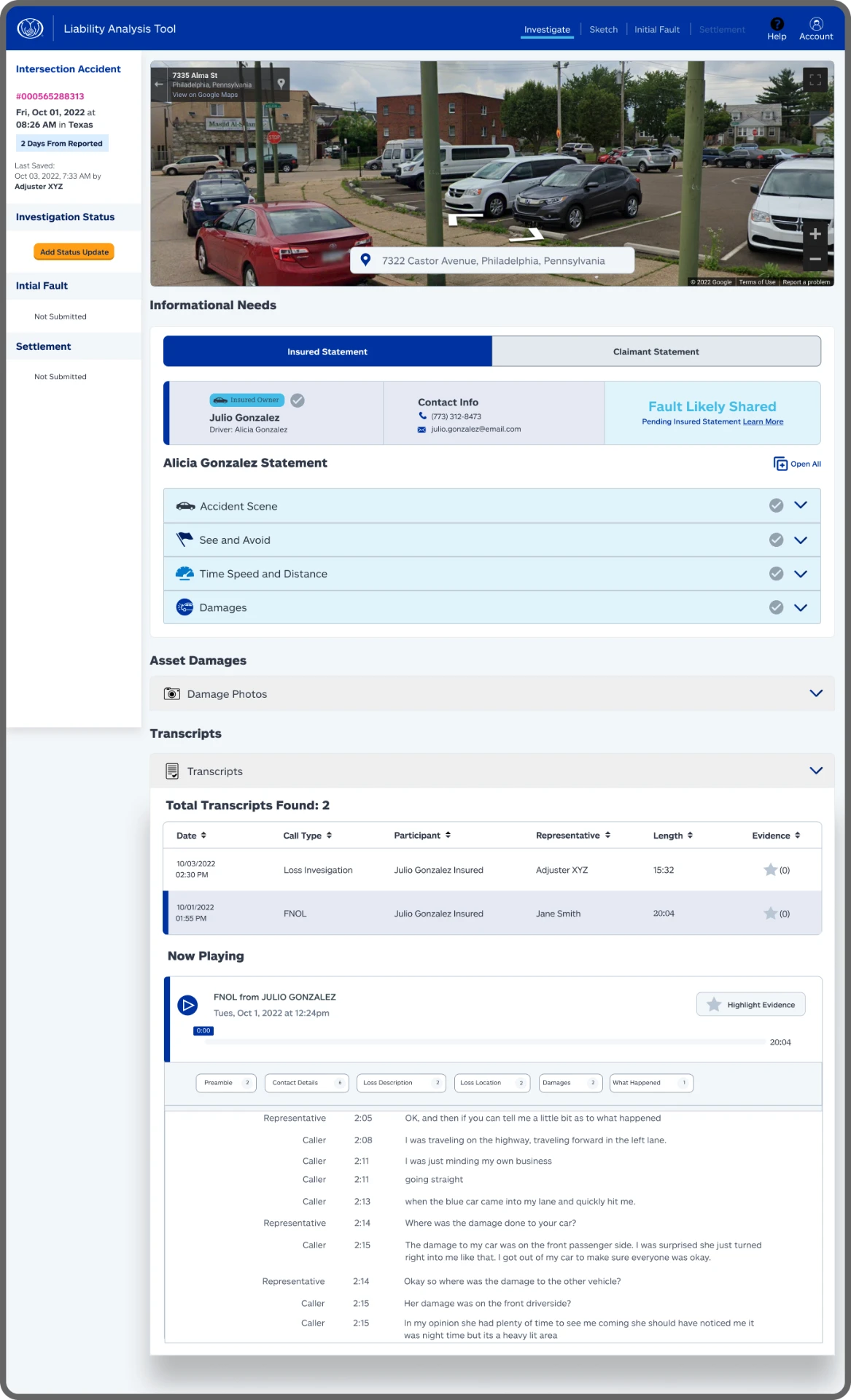 Liability Analysis Tool decision 3 screenshot — searchable transcripts with highlighted evidence
