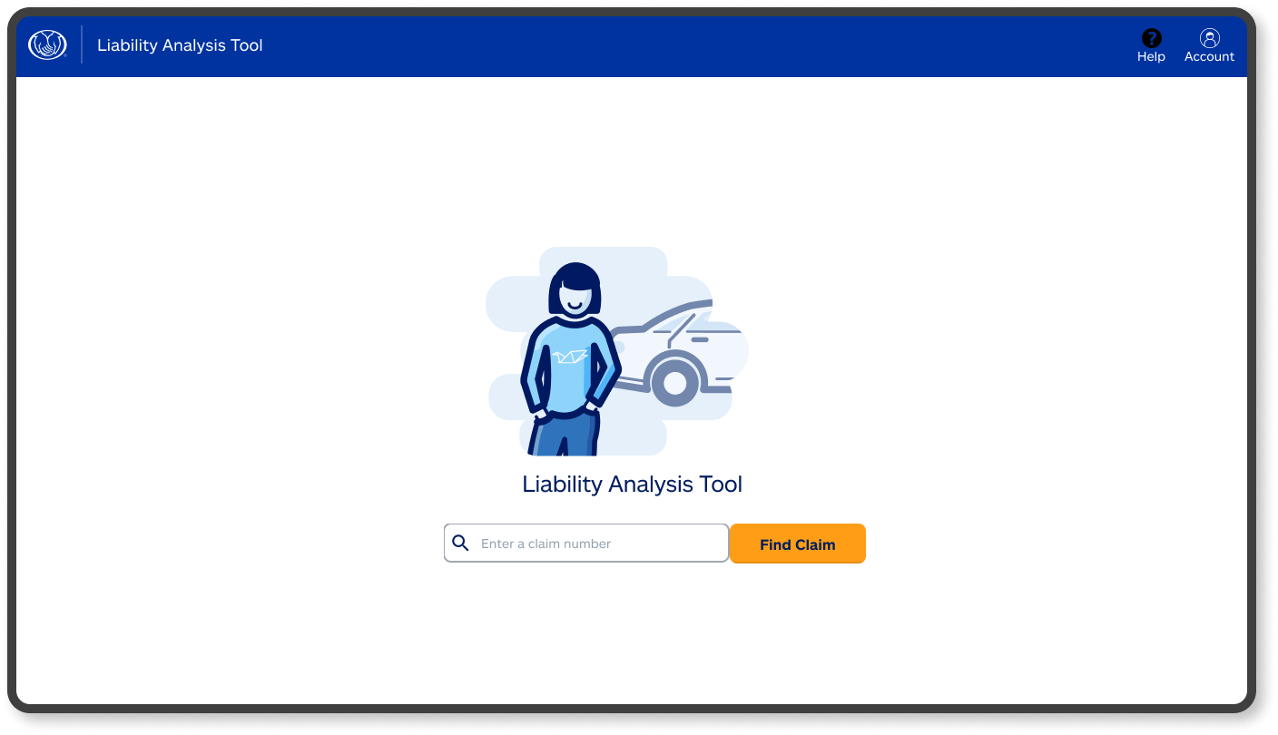LAT entry point where an adjuster looks up a claim to begin the liability review, shown with sample information.
