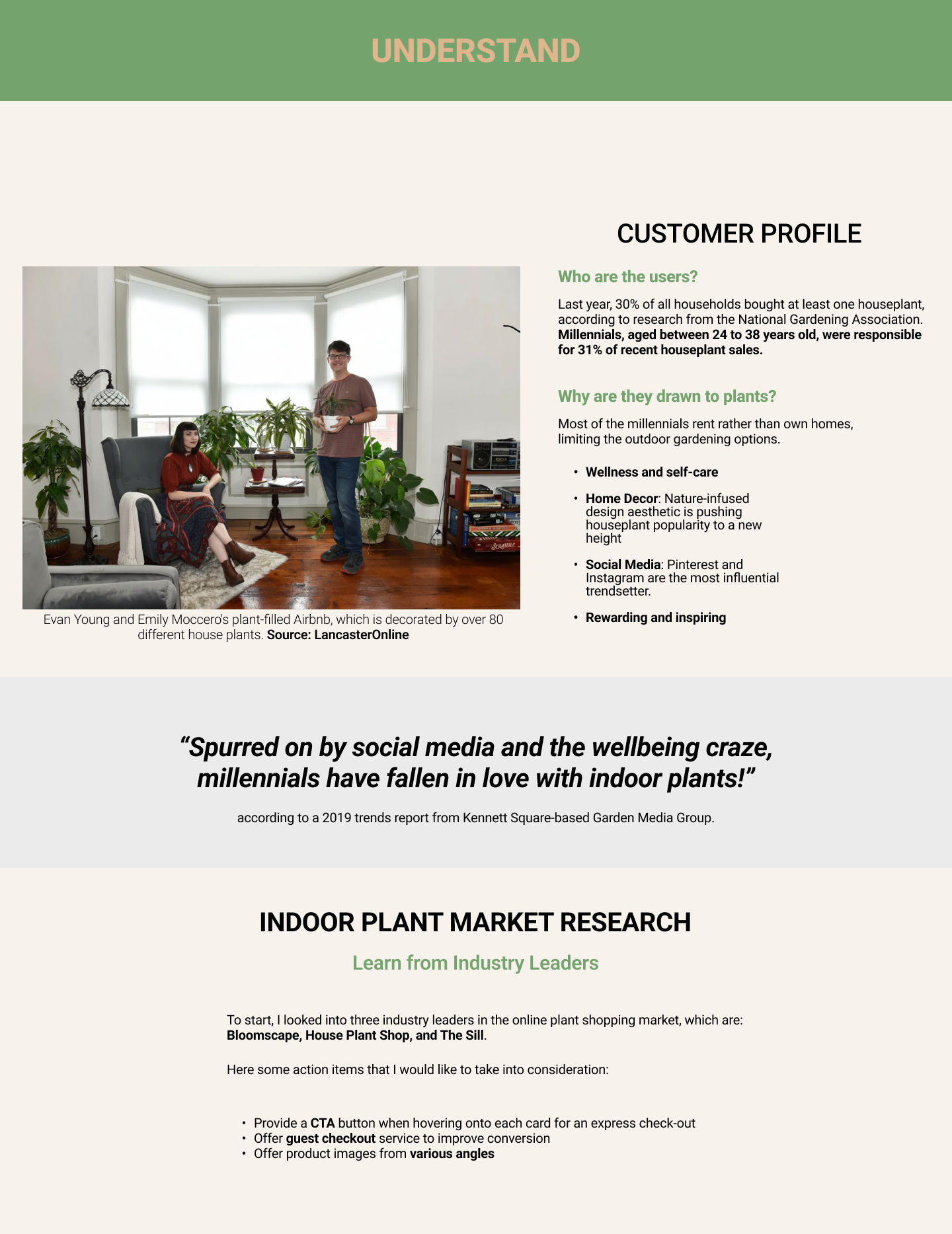 Research board summarizing the target customer profile, indoor-plant market context, and competitive research.