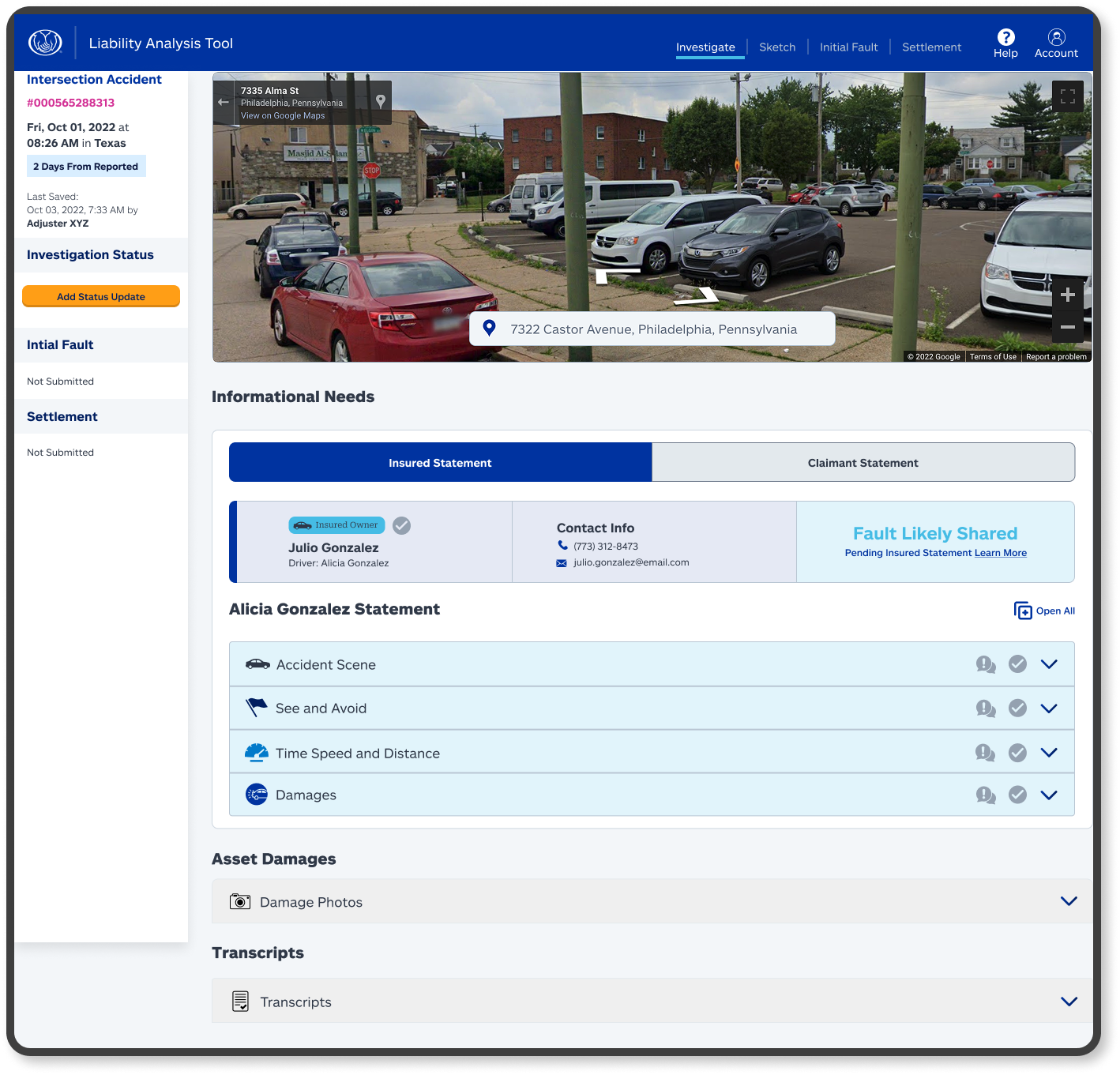 Claim page showing the insured party's sample claim information.