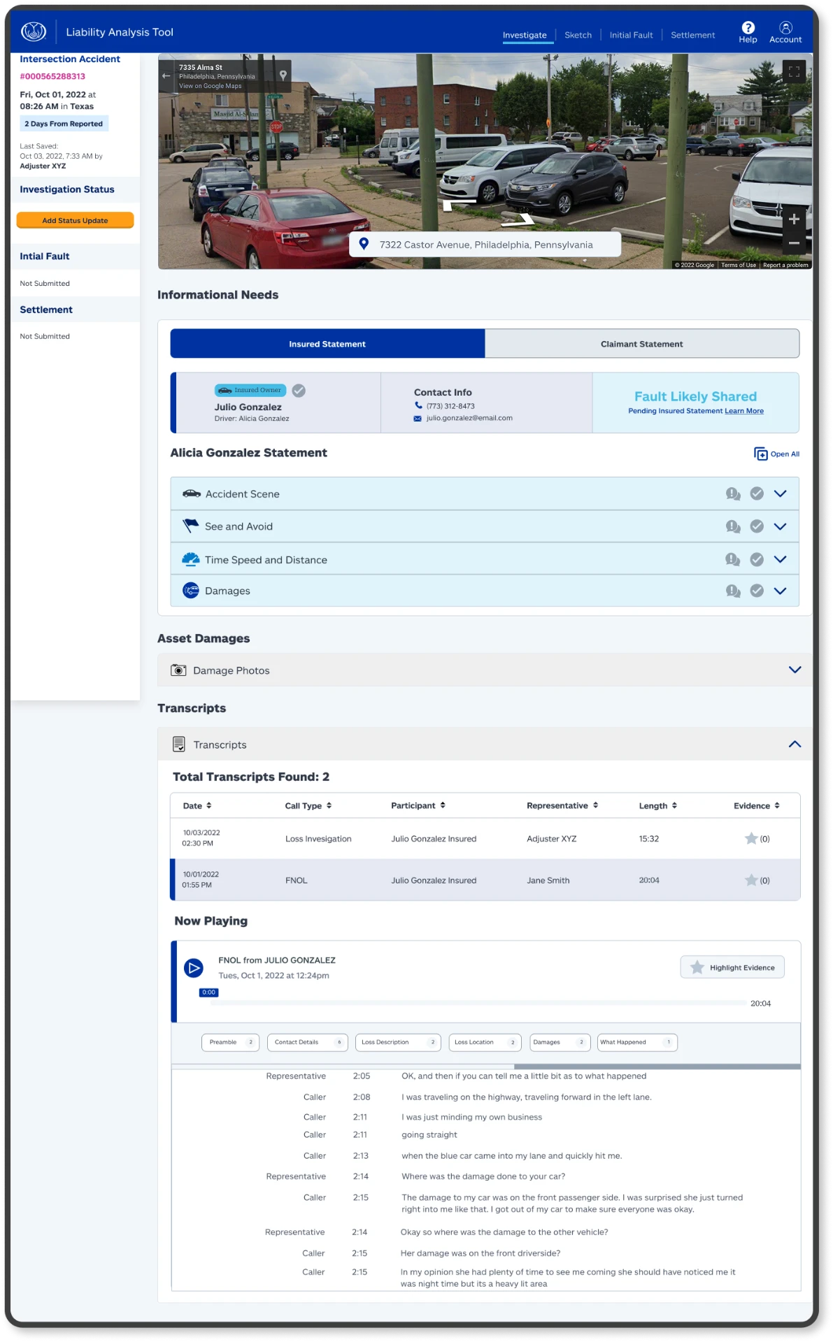 Statement recording screen with a transcript of a sample recorded statement.
