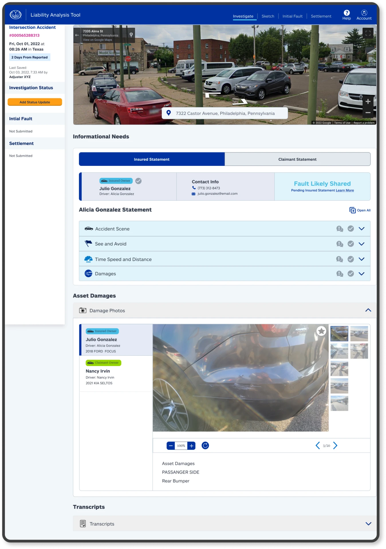 Photo upload screen for adding accident scene and vehicle photos.