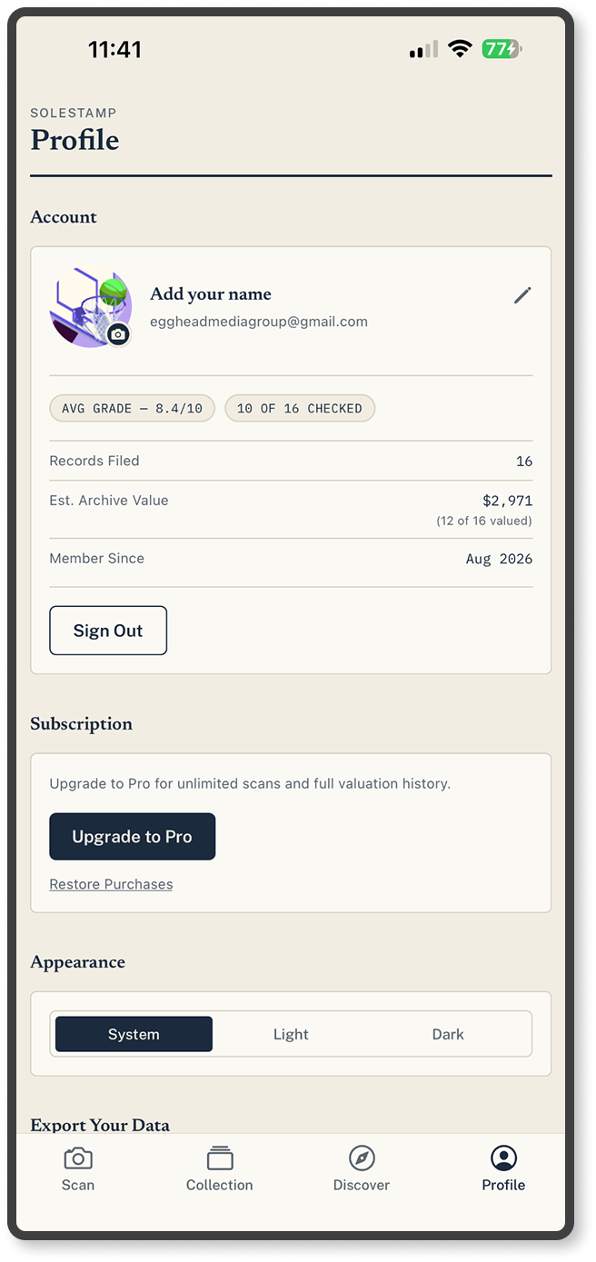 Profile screen in light theme showing account and collection summary information.