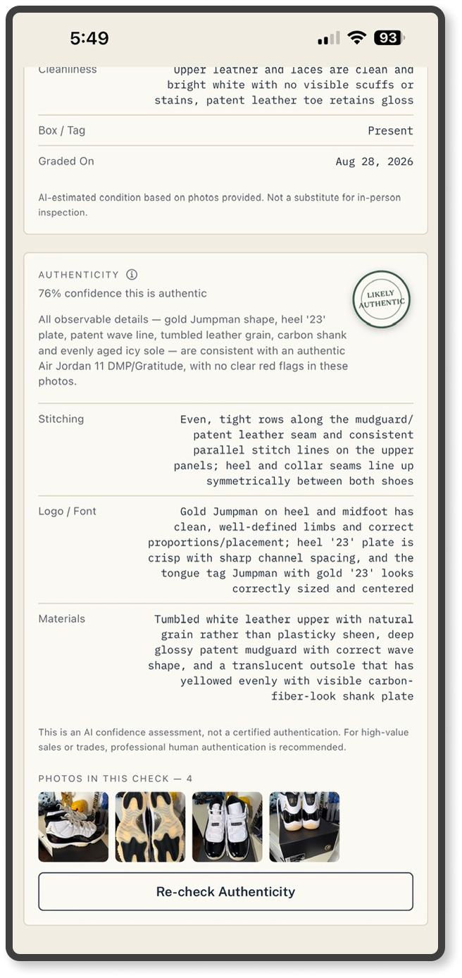 Detailed authenticity assessment screen explaining the reasoning behind a qualified authenticity result.